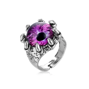 Bague gothique punk avec œil maléfique violet, serti griffes argenté et anneau réglable