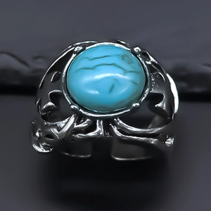 Vintage punk evil eye adjustable ring with blue turquoise and carved silver patterns
