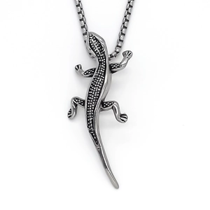 Antique silver lizard pendant necklace with box chain for men's hip hop streetwear style