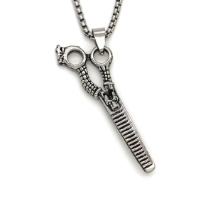 Vintage stainless steel scissors pendant necklace with dragon scale pattern on box chain