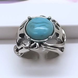 Gothic punk blue turquoise evil eye ring with vintage silver open adjustable band