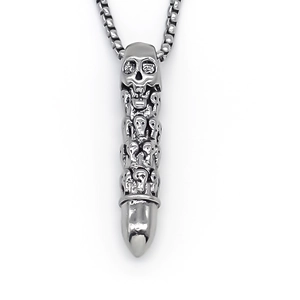 Skull pendant necklace with silver spike bullet design on a stainless steel box chain