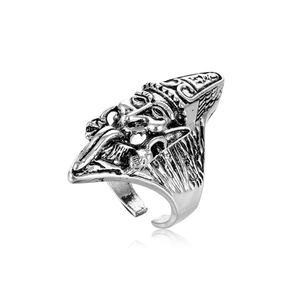 Retro silver tribal mask ring with adjustable band and intricate Aztec relief details