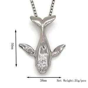 Minimalist silver whale pendant necklace with size 50mm x 38mm and 31g net weight