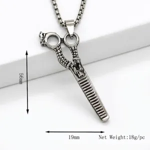 Punk style stainless steel scissors pendant necklace for men with dragon pattern engraving