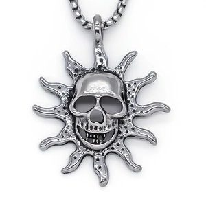 Gothic punk skull pendant necklace with sunburst flame border in vintage silver finish