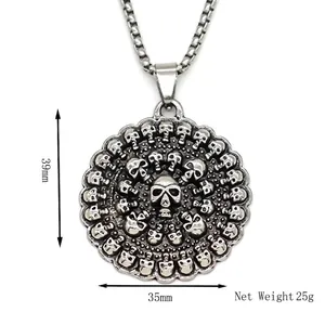 Collier pendentif tête de mort gothique punk, argent vintage, bijoux ronds 39mm