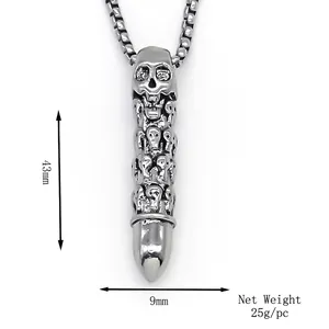 Gothic skull cylinder pendant in vintage silver stainless steel with box chain necklace