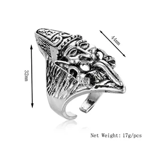 Vintage silver alloy devil face open ring with gothic relief and distressed finish