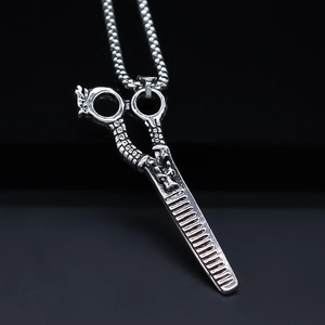 Vintage Silver Barber Scissors Comb Pendant Necklace Punk Dragon Pattern Alloy Charm With Square Box Chain For Men Jewelry