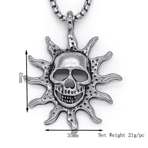 Vintage gothic skull sun pendant necklace for men in silver finish with metal chain