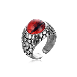 Vintage dragon eye open ring for men featuring a red stone inlay and silver dragon scale texture