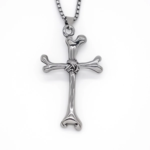 Gothic stainless steel bone cross pendant necklace with square bead chain for men
