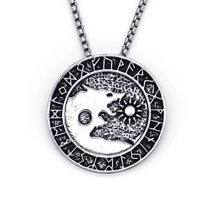 Viking Wolf-Sonnen-Anhänger Halskette aus Edelstahl mit nordischen Runen im Vintage-Stil