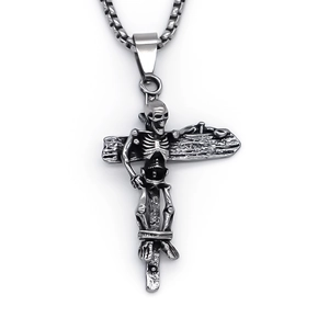 Retro gothic skull cross pendant necklace in oxidized steel with classic box chain