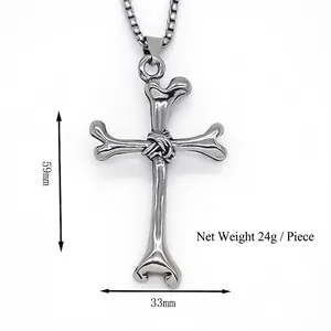 Gothic stainless steel cross bone pendant necklace with box chain for men, 59mm height