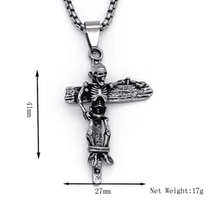 Gothic vintage stainless steel necklace featuring a skull on wood texture cross pendant