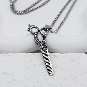 Men's punk stainless steel necklace featuring a vintage scissors pendant on a box chain