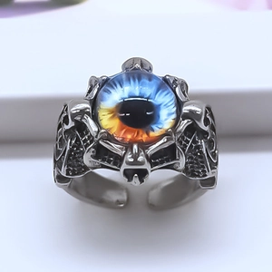 Retro gothic silver evil eye ring with skull engravings and adjustable band design