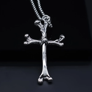 Gothic Punk Alloy Bone Cross Pendant Necklace For Men Women Dark Style Vintage Silver Box Chain Fashion Jewelry Accessory
