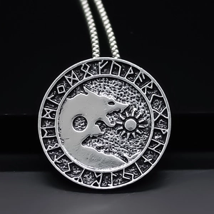 Wikinger Wolfskopf Runen Anhänger Halskette Retro Antiksilber Legierung Nordische Mythologie Schmuck Streetwear Accessoires Für Damen Herren