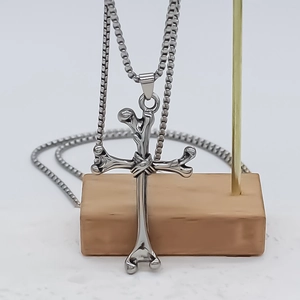 Polished stainless steel bone cross pendant necklace with box chain for men's gothic style