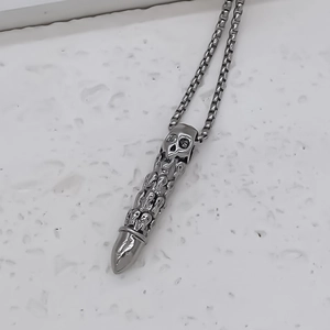 Gothic punk skull bullet pendant necklace with durable stainless steel box chain for men