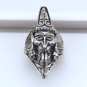 Detailed relief of vintage silver ghost ring featuring traditional folklore character