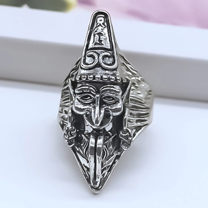 Macro shot of vintage silver Bai Wuchang alloy ring featuring intricate facial carving details