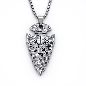 Viking style triangular arrow necklace with hammered texture and Vegvisir symbol in steel