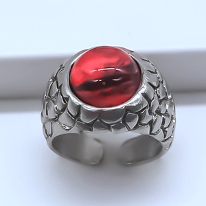 Silver scale textured open ring with red eagle eye stone in hip hop punk style