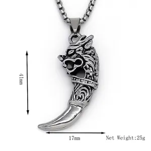 Gothic dragon head pendant necklace with tusk shape in vintage silver stainless steel