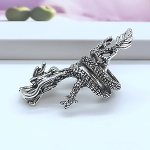 Macro shot of retro dragon ring showing intricate metal scales and detailed dragon head