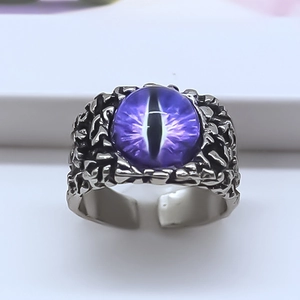 Adjustable gothic ring with purple evil eye stone and rustic silver lava texture
