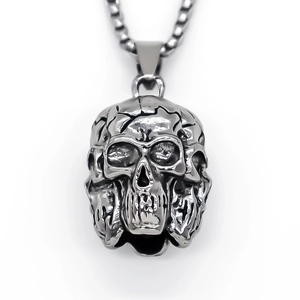 Collier pendentif tête de mort punk rétro en argent antique avec chaîne box