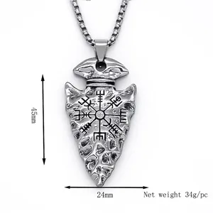 Nordic Viking Vegvisir compass arrow pendant necklace in retro stainless steel style
