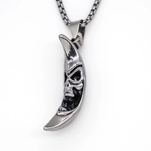 Gothic silver moon pendant necklace with skull face design and sturdy metal square chain