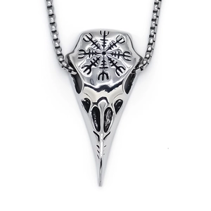 Collier crâne d'oiseau Viking poli avec gravure boussole Vegvisir et chaîne carrée