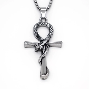 Punk style stainless steel Ankh cross pendant necklace with snake wrap for men and women