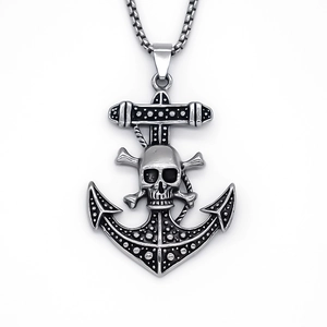 Retro stainless steel anchor and skull pendant necklace with square link chain for men