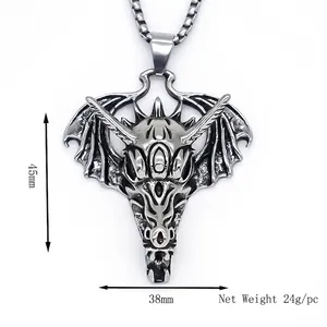 Collier pendentif tête de dragon vintage en acier inoxydable pour hommes en argent vieilli