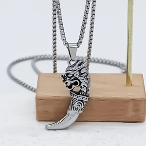 Silver wolf head totem pendant necklace for men with durable box chain on wooden stand
