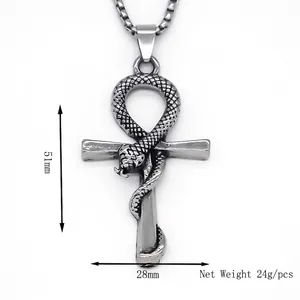 Stainless steel snake Ankh cross pendant necklace with sizing 51mm by 28mm and 24g weight