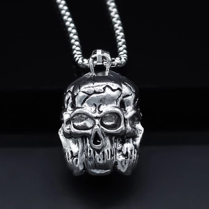 Collier Pendentif Tête de Mort Punk Vintage Pour Hommes Argent Antique Alliage Bijoux Squelette Gothique Avec Chaîne Boîte Accessoire Streetwear