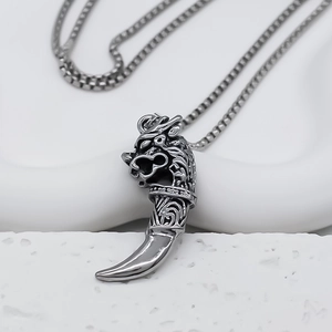 Retro wolf head totem necklace with curved cone pendant and box chain for men