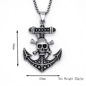 Men's punk style anchor and skull pendant necklace made of vintage stainless steel