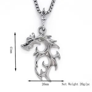 Silver dragon pendant necklace for men and women, 41mm height x 26mm width size details