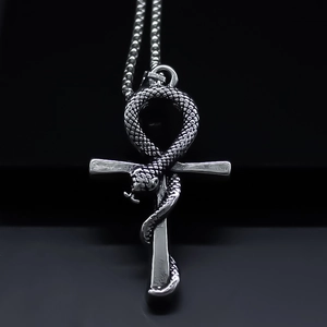 Vintage Ankh Cross Snake Pendant Necklace Gothic Punk Style Alloy Metal Chain For Men Women Unisex Streetwear Jewelry
