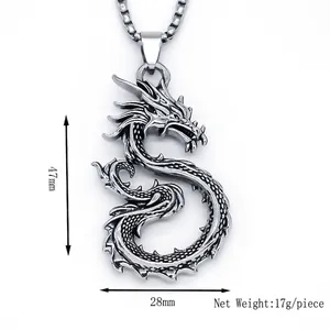 Silver dragon totem pendant necklace with box chain, 47mm x 28mm retro style jewelry