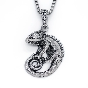 Punk style chameleon lizard pendant necklace with silver box chain for men and women